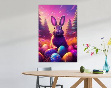 Osterhase mit bunten Ostereiern im Gras mit Birkenbäumen von Jörg B. Schubert