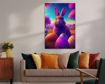 Osterhase mit bunten Ostereiern im Gras mit Birkenbäumen von Jörg B. Schubert