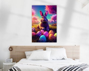 Osterhase mit bunten Ostereiern im Gras mit Birkenbäumen von Jörg B. Schubert