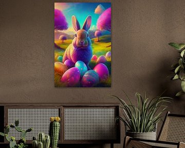 Osterhase mit bunten Ostereiern im Gras mit Birkenbäumen von Jörg B. Schubert