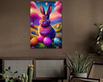 Osterhase mit bunten Ostereiern im Gras mit Birkenbäumen von Jörg B. Schubert