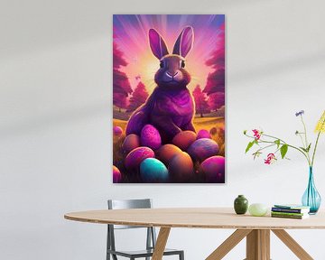 Osterhase mit bunten Ostereiern im Gras mit Birkenbäumen von Jörg B. Schubert