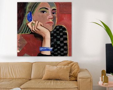 Mixed media portret - vrouw - rood van Studio Gjil
