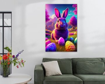 Osterhase mit bunten Ostereiern im Gras mit Birkenbäumen von Jörg B. Schubert