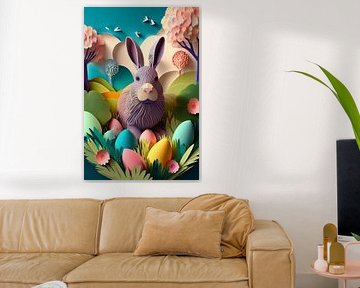 Paashaas met kleurrijke paaseieren in het gras met berkenbomen van Jörg B. Schubert