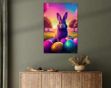 Osterhase mit bunten Ostereiern im Gras mit Birkenbäumen von Jörg B. Schubert