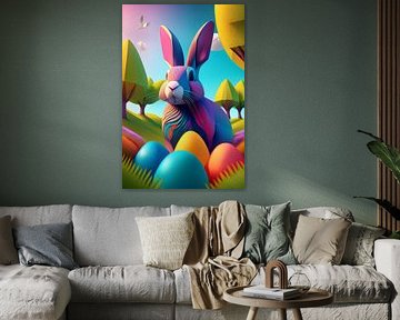 Osterhase mit bunten Ostereiern im Gras mit Birkenbäumen von Jörg B. Schubert