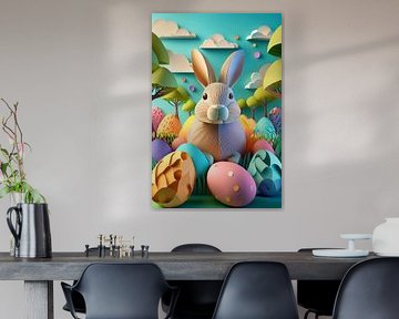 Osterhase mit bunten Ostereiern im Gras mit Birkenbäumen von Jörg B. Schubert