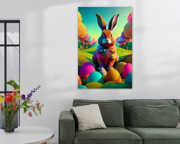 Osterhase mit bunten Ostereiern im Gras mit Birkenbäumen von Jörg B. Schubert