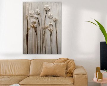 Japandi Art: Minimalistische witte bloemen op linnen structuur van Studio Pieternel