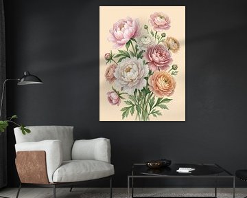Fleurs aquarelle vintage pivoines et renoncules