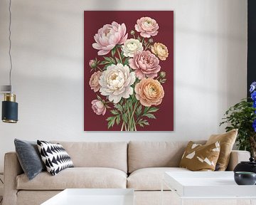 Romantisches Pfingstrosen Ranunkel Aquarell auf Bordeaux von Max Steinwald