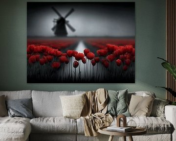Silent Fields | Red Tulips for Windmill in Mist