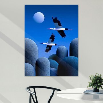 Blue Soaring | Kraniche über einer traumhaften blauen Landschaft