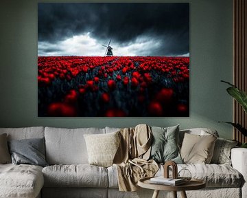 Red Storm | Sea of Tulips with Windmill under Dark Sky