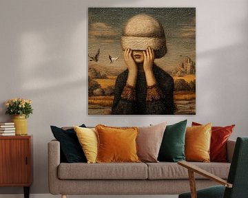 Vintage surrealistisch olieverfschilderij van een wrede wereld en stille angst