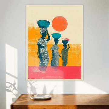 Afrikaanse silhouetten met manden bij zon