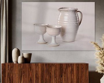 Keramik gebrannt mit Lasur, farbig und weiß, Küchenutensilien