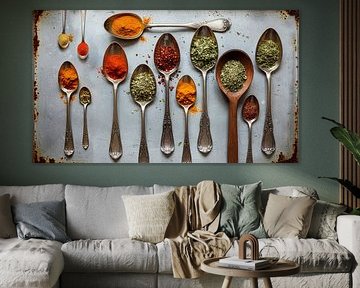Herbs with vintage spoons on metal, herbs and spoons on metal by Corrine Ponsen