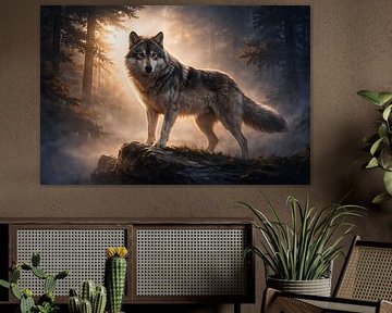 Majestätischer Wolf im nebligen Waldlicht von Dodik Hariyono