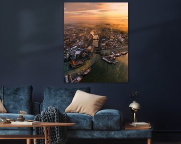 Fog and Morning Light above Makkum – Golden Sunrise at the Harbour by Ewold Kooistra