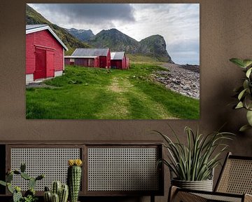 Red fishermen's huts on Unstad Beach in Lofoten, Norway by Sauerland-Fotos by Robin Deimel