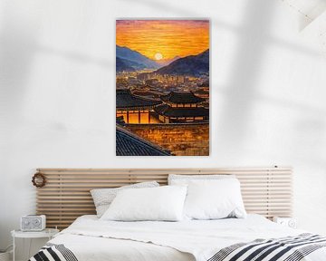 Zonsondergang in een oud Koreaans dorp – Impressionistische harmonie