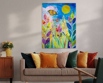 Moderner, farbenfroher Traumgarten mit Schmetterlingen und Vollmond