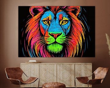 Brightly coloured lion in darkness by Imperial Art House
