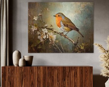 Robin on blossom branch – atmospheric nature wall decoration with bird – rustic and classic artwork for interiors