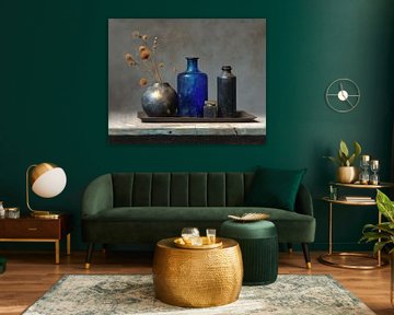 Blumenstillleben | Kobaltflasche mit Disteln von Blickfänger Gemälde