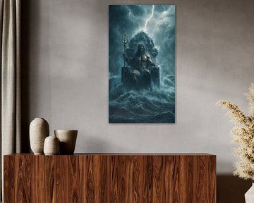 Man on a rock in the sea with a trident by MNS Designs