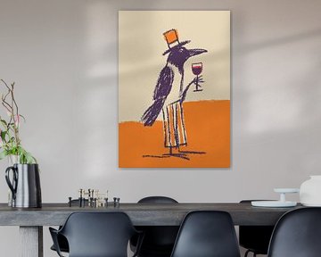 Paars vogeltje met wijnglas en hoed