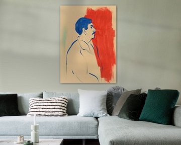 Modern portret: blauw profiel tegen rode achtergrond