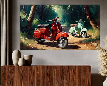 Zwei Motorroller - rot und hellgrün