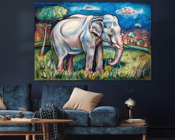 White elephant next to skyline by Art & Soul Creations