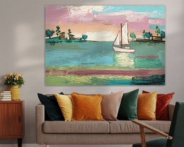 Segelboot mit pastellfarbenem Himmel von Art & Soul Creations