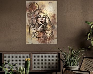 Porträt im Art-Journal-Stil – warme Taupe-Töne mit goldenen Akzenten von Emiel de Lange