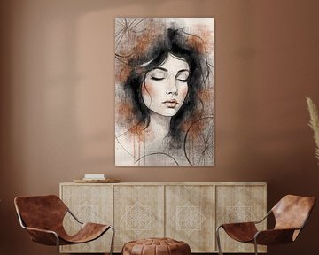 A portrait of a woman with black wavy hair by Emiel de Lange