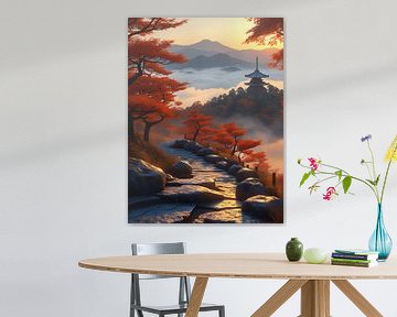 Sonnenuntergang auf den Hügeln in Richtung des japanischen Tempels von rozan arkaannuyaafi