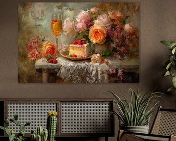 Romantisches Stillleben mit Kuchen, Champagner und Rosen – warm und elegant von Joriali Fine Art