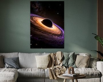 un trou noir entouré d'une lumière violette et dorée