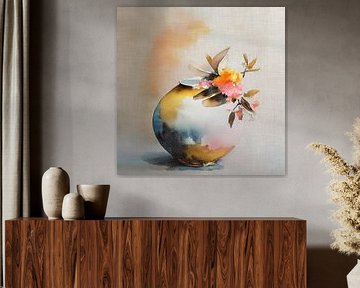 Fleurs colorées dans un vase rond artistique Japandi