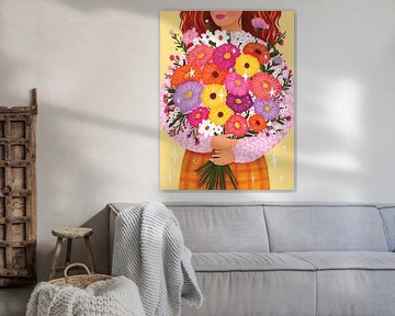 Woman with flowers, cheerful and colourful by Aniet Illustration