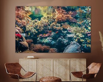 Farbenfrohe Unterwasserszene mit Seeanemonen, Korallen, Algen und bunten Fischen Aquascape.. von Jelena Jovanovic Fine Art