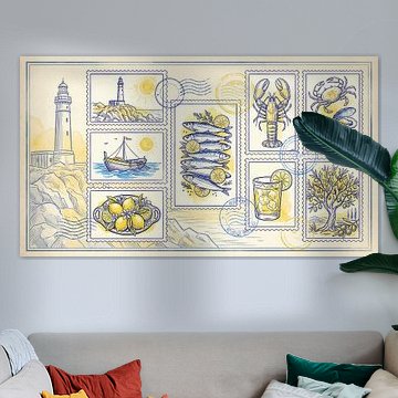 Collage aus Briefmarken der Mittelmeerküste