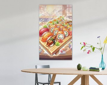 Ein Sketch-Menü,  arrangierte Sushi-Platte mit Maguro, Sake, u von Ariadna de Raadt-Goldberg