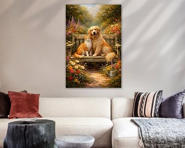 Katze und Hund auf einer Bank