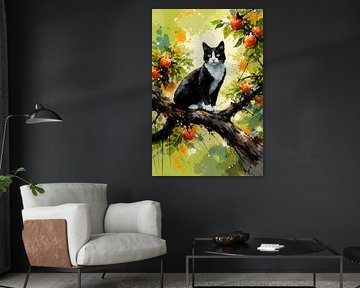 Tuxedo cat in apple tree by Linda de Klein
