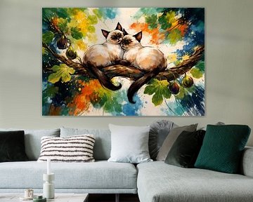 Two Siamese cats in a fig tree by Linda de Klein